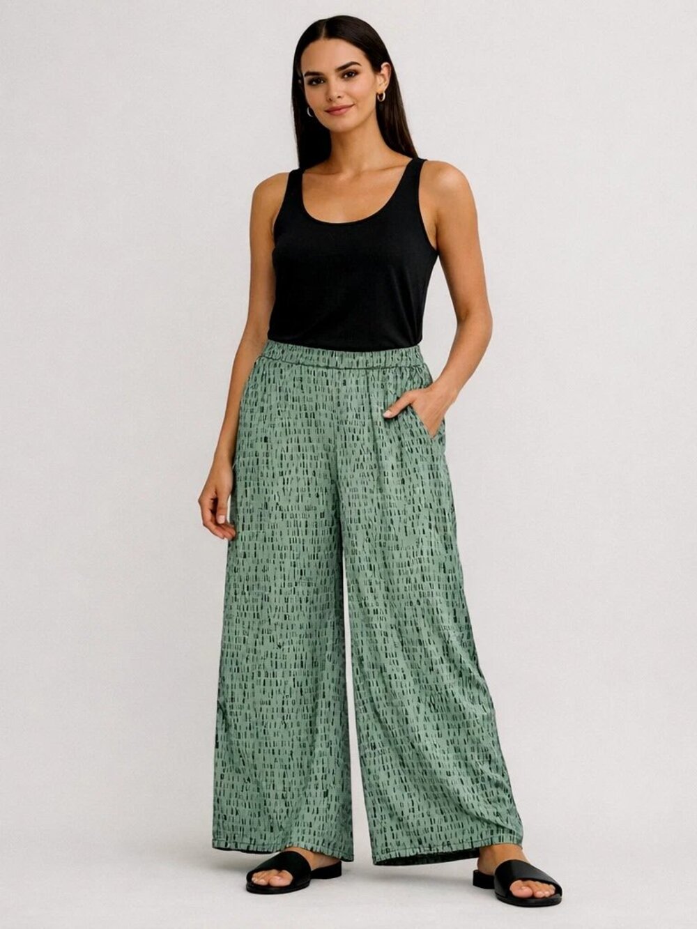 Eileen Fisher Silk Blend Wide Leg Pants Green M Quiet Luxury Minimalist Style